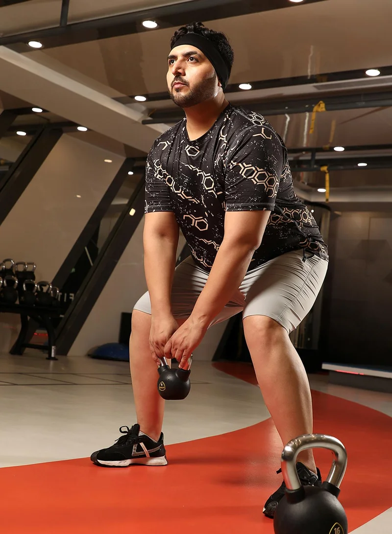 Instafab Plus  Men's Midnight Black Geometric Activewear T-Shirt For Casual Wear | Crew Neck | Short Sleeve | Anti-Odor | Dri-Fit | Jersey T-Shirt Crafted With Comfort Fit & High-Performance for Men | Best Price UAE